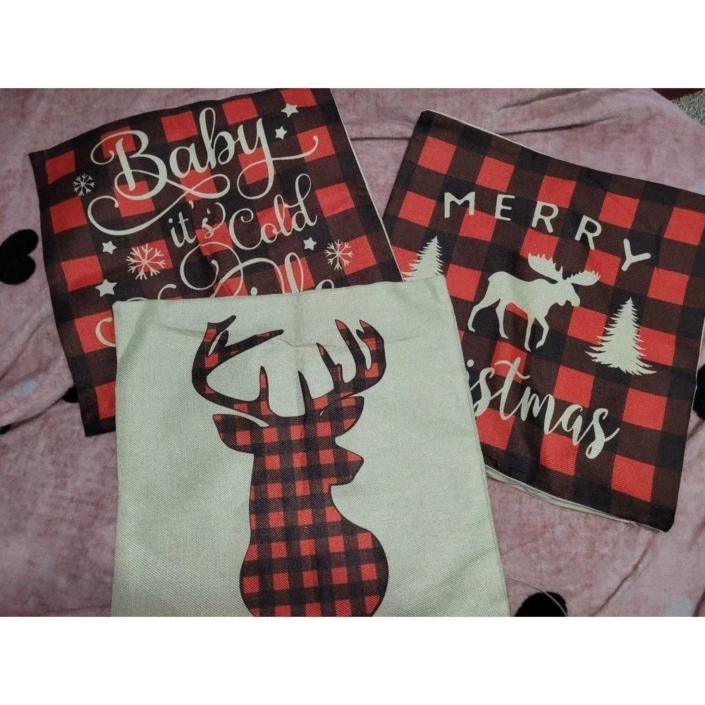 3 pillow covers Christmas plaid red & black